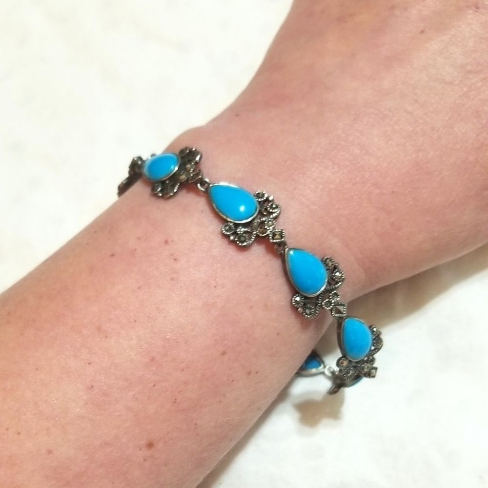 Persian Turquoise Marcasite Antique Sterling Silver Bracelet